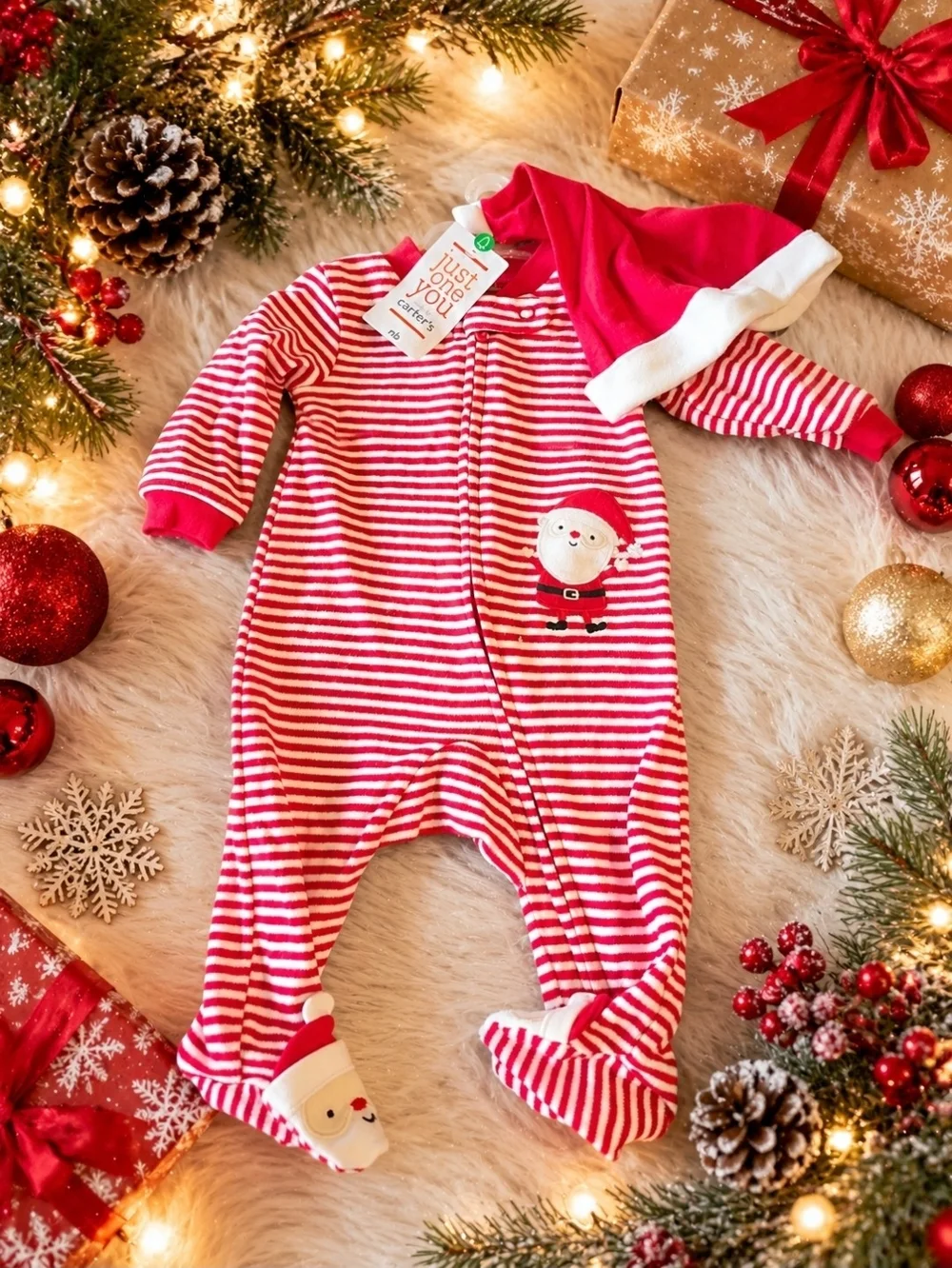 Carter's Red & White Striped Holiday Footed One-Piece with Santa